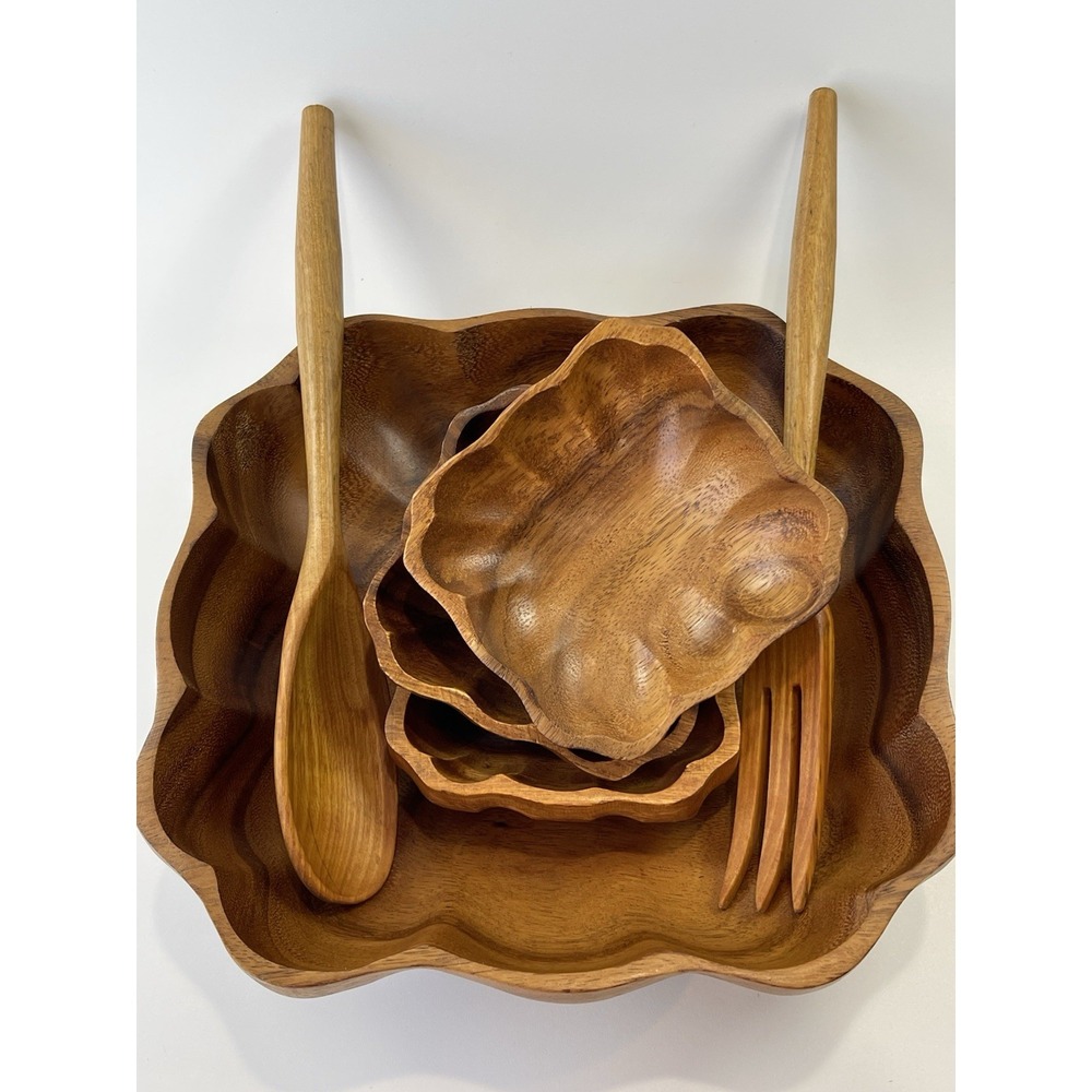 Vintage Monkey Pod Hand Carved Wooden Acacia Salad Bowl Set Serving Utensils